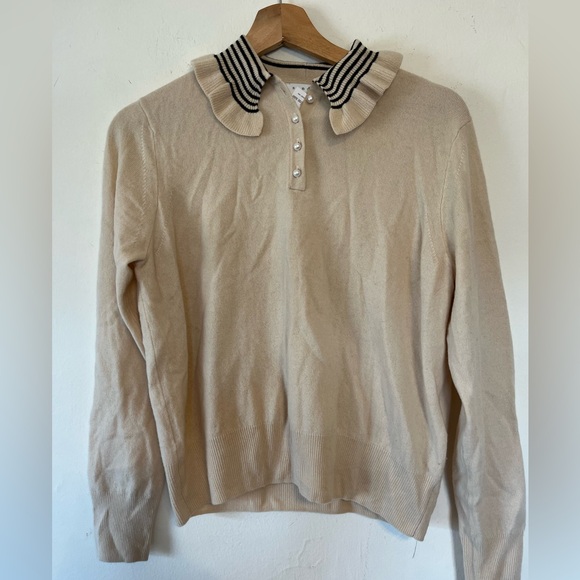 Sandro Noemi 100% Wool Sweater Cream Ruffle Polo Neck Pearl Button size S (1) - Picture 2 of 6